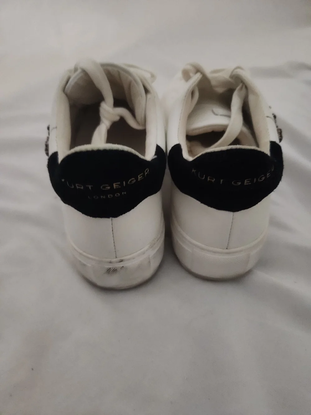 Kurt Geiger White Low-Top Sneakers with Black Heel and Embellishment